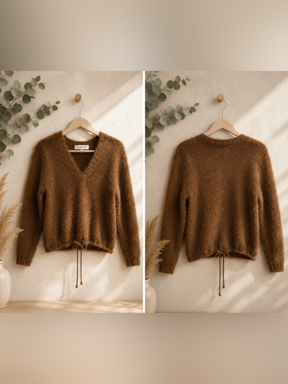 Cozy Brown V-Neck Drawstring Women's Sweater